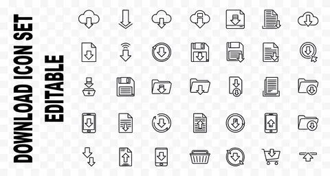 Editable download icon set featuring various cloud storage, file transfer. Stock Illustration