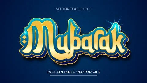 Editable Eid Mubarak text effect with blue and gold color Stock Illustration