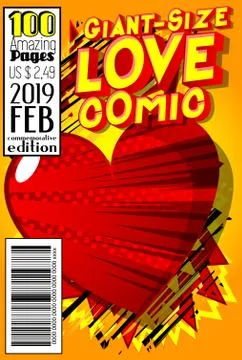 Editable Giant-Size Love Comic Book cover with hearts and other effects. Stock Illustration