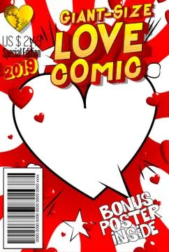 Editable Giant-Size Love Comic Book cover with hearts and other effects. イラスト素材