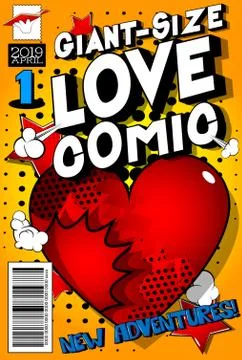 Editable Giant-Size Love Comic Book cover with hearts and other effects. イラスト素材