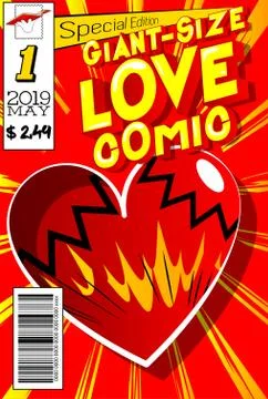 Editable Giant-Size Love Comic Book cover with hearts and other effects. イラスト素材