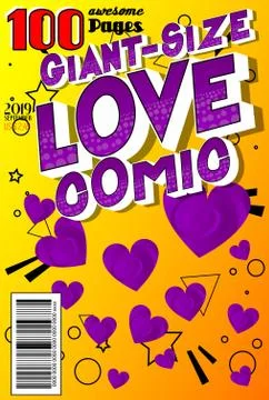Editable Giant-Size Love Comic Book cover with hearts and other effects. Stock Illustration