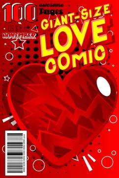 Editable Giant-Size Love Comic Book cover with hearts and other effects. Stock Illustration