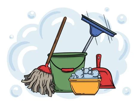 Editable illustration with buckets and mop Stock Illustration