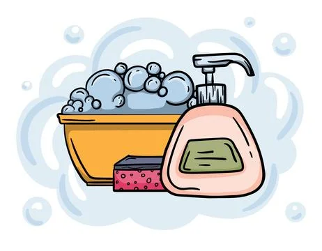 Editable illustration with liquid soap, sponge Stock Illustration