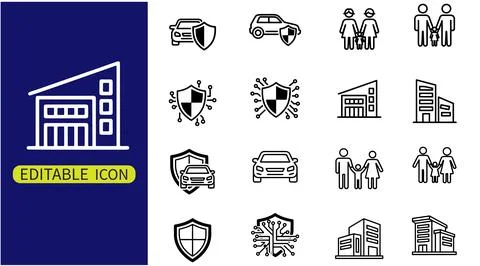 Editable insurance and security line icon set 库存插图