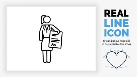 Editable lien icon of a stick figure woman giving a contract Stock Illustration