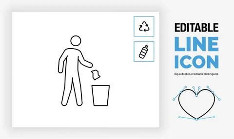 Editable lien icon of a stick figure throwing away trash Stock Illustration