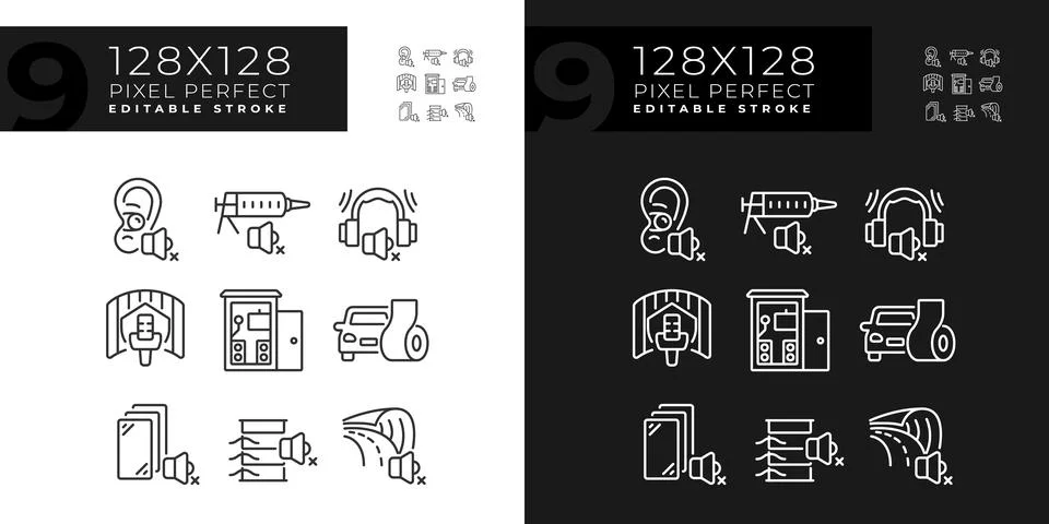 Editable light and dark soundproofing line icons Stock Illustration