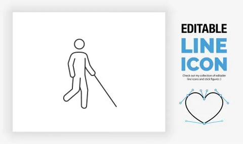Editable line icon of a blind person walking Stock Illustration