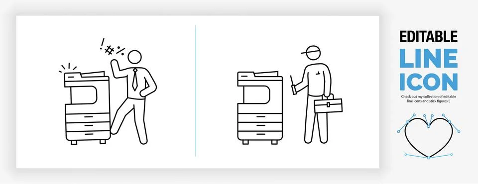 Editable line icon of a broken printer and a repairman fixing it Stock Illustration