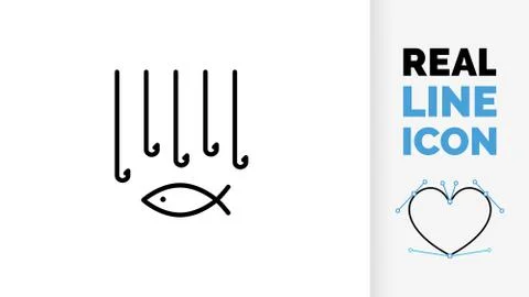 Editable line icon of overfishing visualised by many hooks Stock Illustration