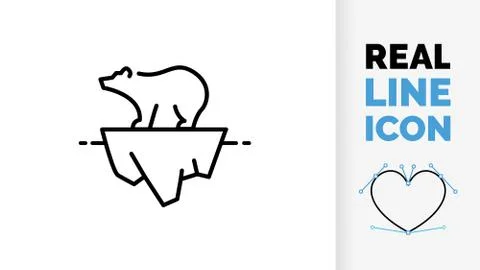 Editable line icon of a polar bear on a small ice sheet because of global war Stock Illustration