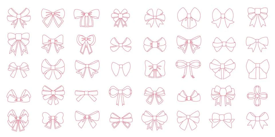 Editable line icon of red bow set. Vector red bows with yellow line ribbons s Stock Illustration