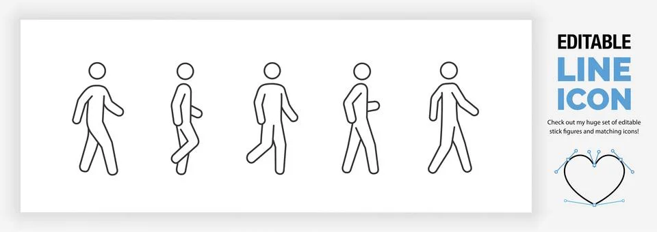 Editable line icon set of a stick man or stick figure walking in different po Stock Illustration