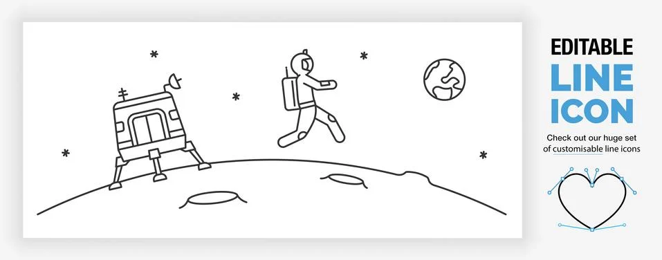 Editable line icon of space exploration with a spaceshuttle on the moon Stock Illustration
