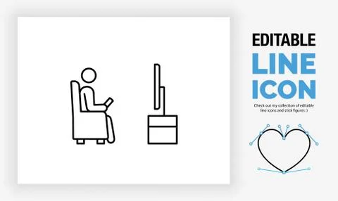 Editable line icon of a stick figure person watching tv, Stock Illustration