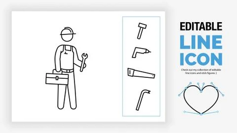 Editable line icon of a stick figure handyman with a construction toolbox Stock Illustration