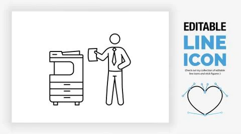 Editable line icon of a stick figure businessman standing next to the copier  Stock Illustration
