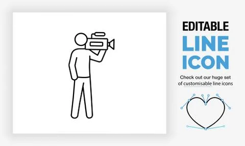 Editable line icon of a stick figure cameraman in full body view with a video Stock Illustration