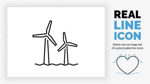 Editable line icon of a windmill park at sea Stock Illustration