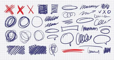 Editable pen stroke and scribble set. Hand written notes elements, rough text Stock Illustration