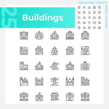 Editable pixel perfect black building icons set Ilustración de archivo