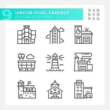 Editable pixel perfect black building icons Ilustración de archivo