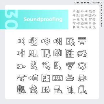 Editable pixel perfect black soundproofing icons collection Stock Illustration