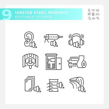 Editable pixel perfect black soundproofing line icons Stock Illustration