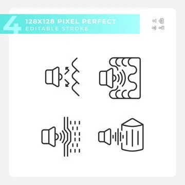 Editable pixel perfect black soundproofing line icons Stock Illustration