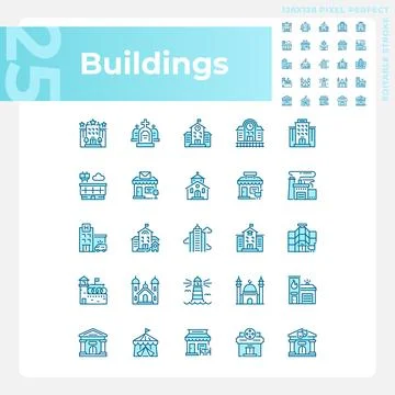 Editable pixel perfect blue building icons set Ilustración de archivo