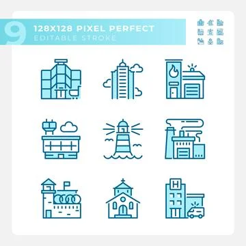 Editable pixel perfect blue building icons Stock-Illustration