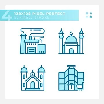 Editable pixel perfect blue building icons set Ilustración de archivo