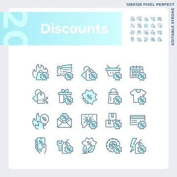 Editable pixel perfect blue discounts icons set Stockillustratie