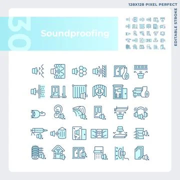 Editable pixel perfect blue soundproofing icons collection Stock Illustration