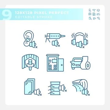 Editable pixel perfect blue soundproofing line icons Stock Illustration