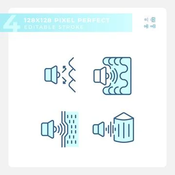 Editable pixel perfect blue soundproofing line icons Stock Illustration