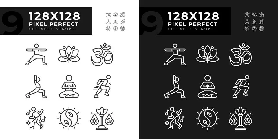 Editable pixel perfect light and dark meditation icons Ilustración de archivo