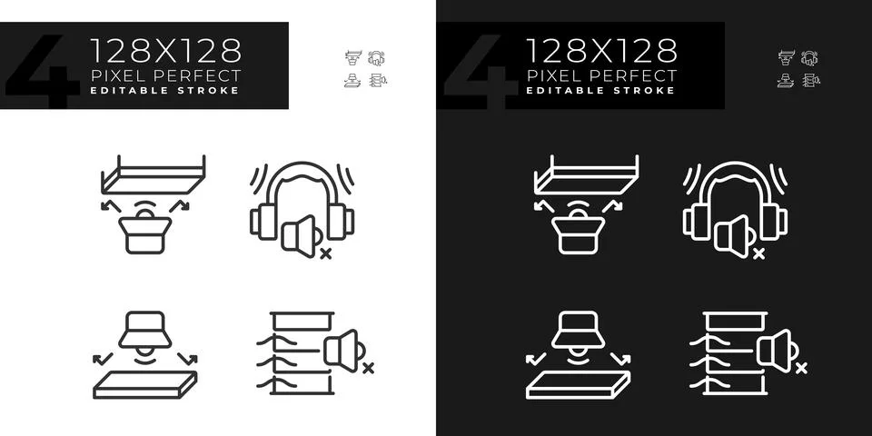 Editable pixel perfect soundproofing thin line icons set Stock Illustration