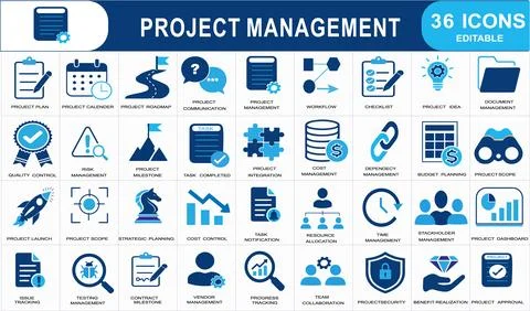 Editable Project Management  glyph Icons Collection in Blue Grid Stock Illustration