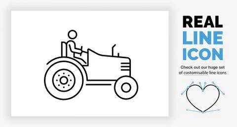 Editable real line icon of a farmer stick figure riding on his tractor Stock Illustration