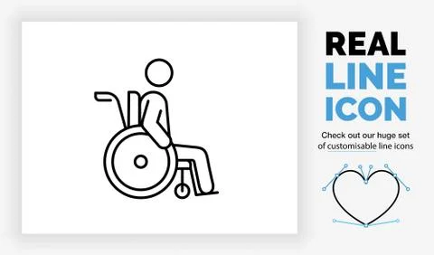 Editable real line icon of a old stick figure man in a wheelchair Stock Illustration