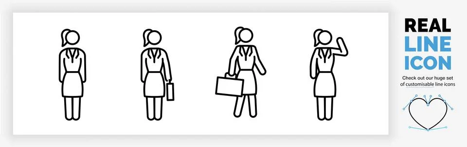 Editable real line icon set of the whole body of a stick figure business woma Stock Illustration