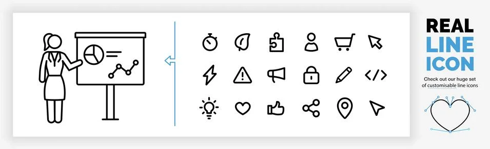 Editable real line icon set of a standing business woman stick figure giving  Stock Illustration