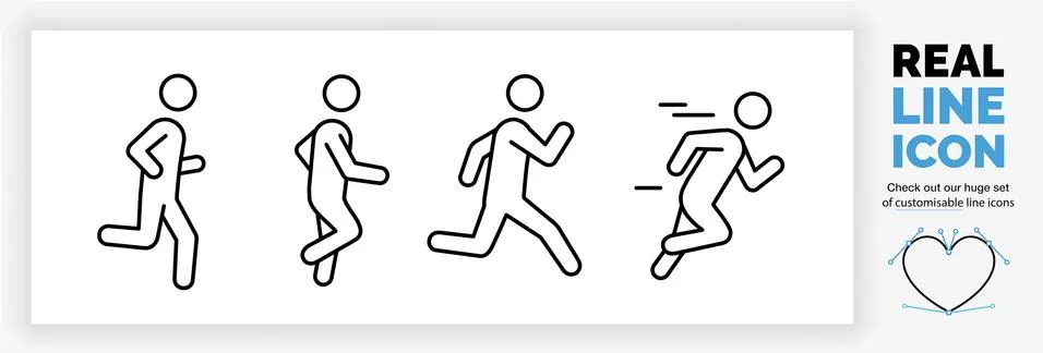 Editable real line icon set of a boy stick figure running fast and jogging Stock Illustration
