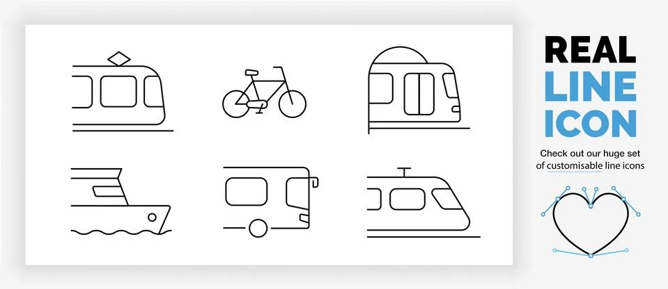 Editable real line icon set of the side view of public transport Stock Illustration