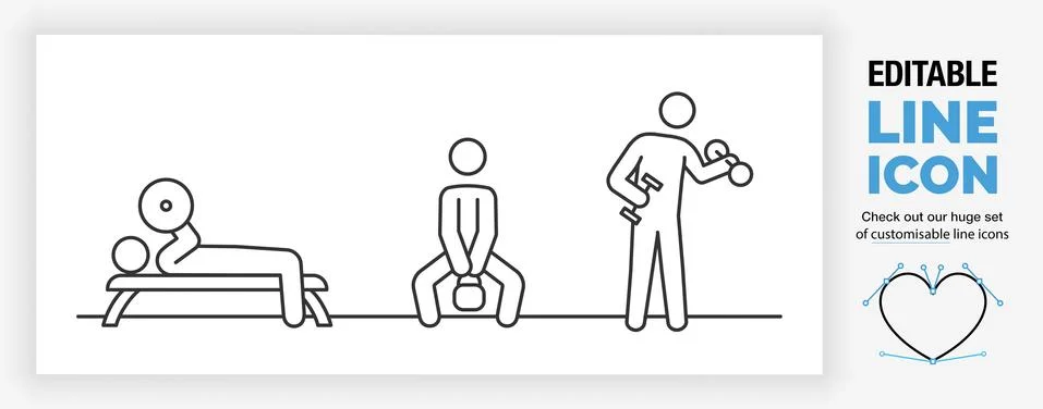 Editable real line icon set of stick figure people working out in the gym Stock Illustration