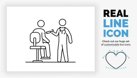 Editable real line icon of a standing stick figure doctor giving a patient si Stock Illustration
